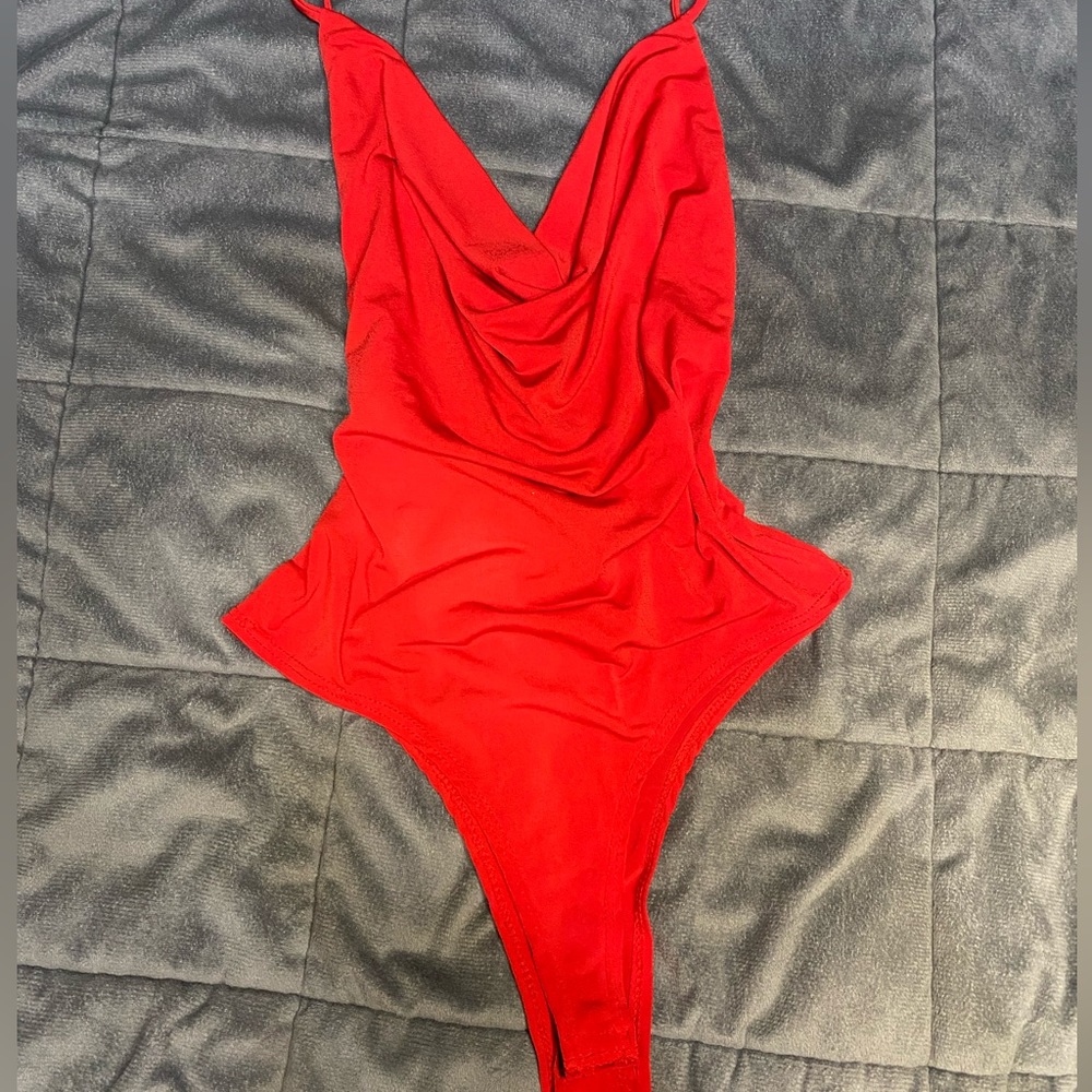 Red cowl neck bodysuit